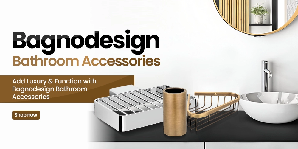 Curated Bagnodesign bathroom accessories set on white marble counter for guest luxury